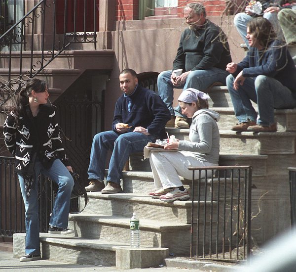 Liv and workers near Liv's new house, New York, March 19th 2003