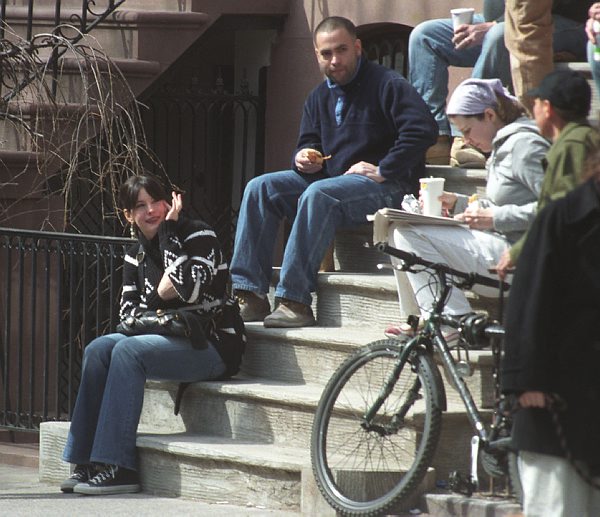Liv and workers near Liv's new house, New York, March 19th 2003