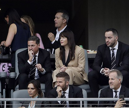 with fiance David Gardner and Victoria and David Beckham